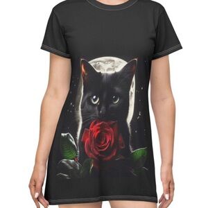 Black Cat and Rose T-Shirt Dress